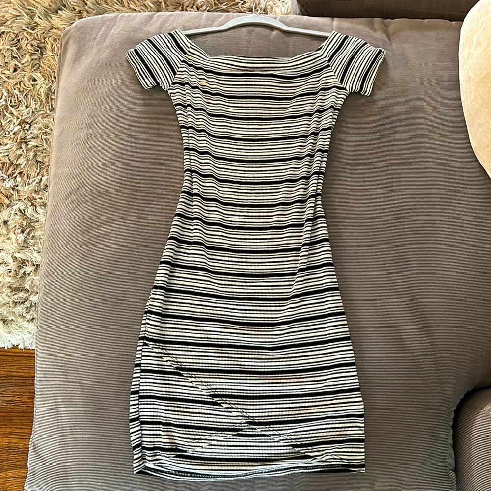 Striped off the shoulder, mini dress